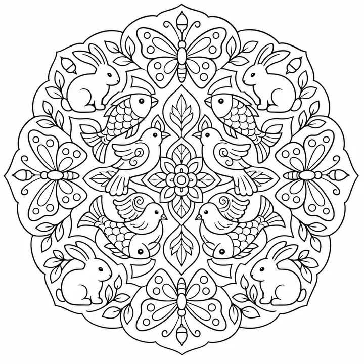 Animals mandala with birds, rabbits, butterflies and nature details in a printable design.
