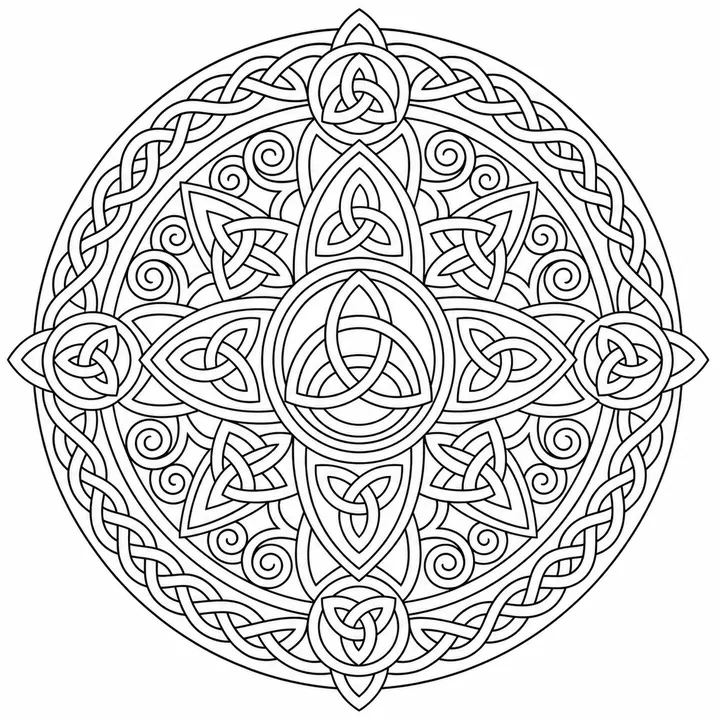 Celtic mandalas with knotwork loops, balanced borders and a printable PDF for detailed coloring.