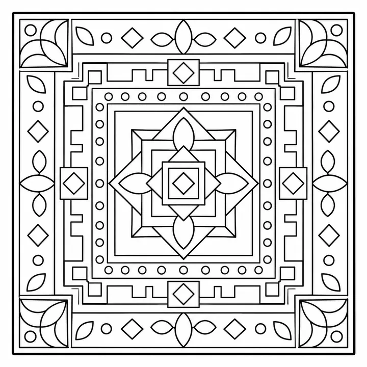 Circle mandala with round rings, petal rows and balanced circular coloring spaces.