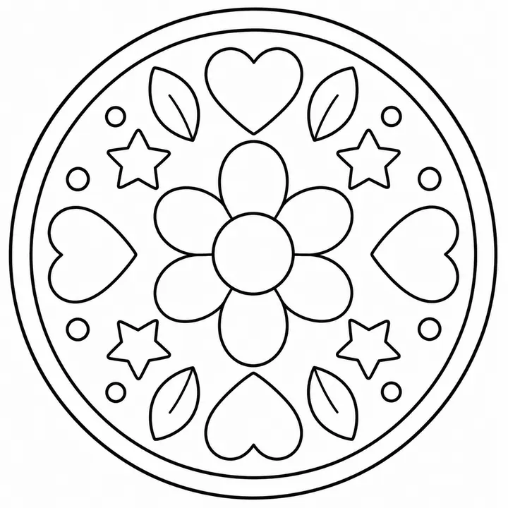 Easy mandala designs for kids with large shapes, friendly hearts, stars and open spaces.