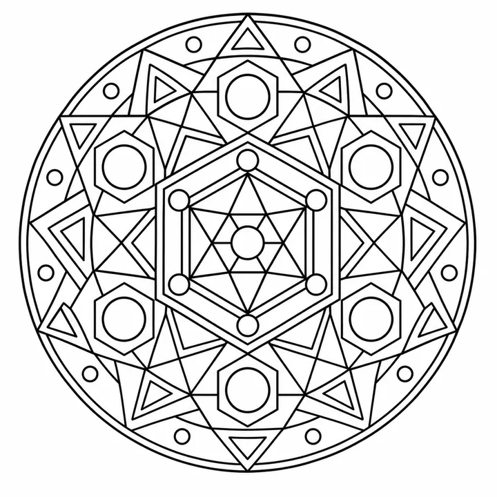 Geometric mandala patterns with triangles, circles, hexagons and clean symmetry.
