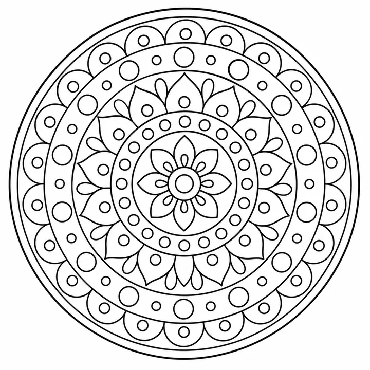 Square mandala with geometric borders, corner details and a printable PDF layout.