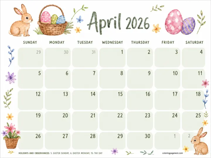 Free April 2026 Easter calendar printable with a pastel bunny
