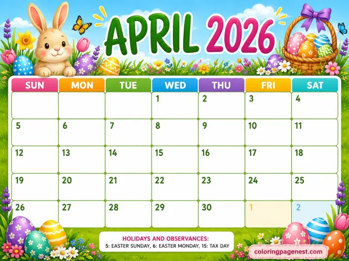 Cute April 2026 Easter Printable Calendar with Bunny and Eggs