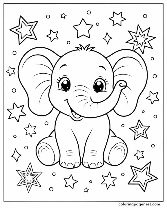 A gentle elephant-and-turtle coloring page with clean outlines, made for easy printing and calm coloring time.