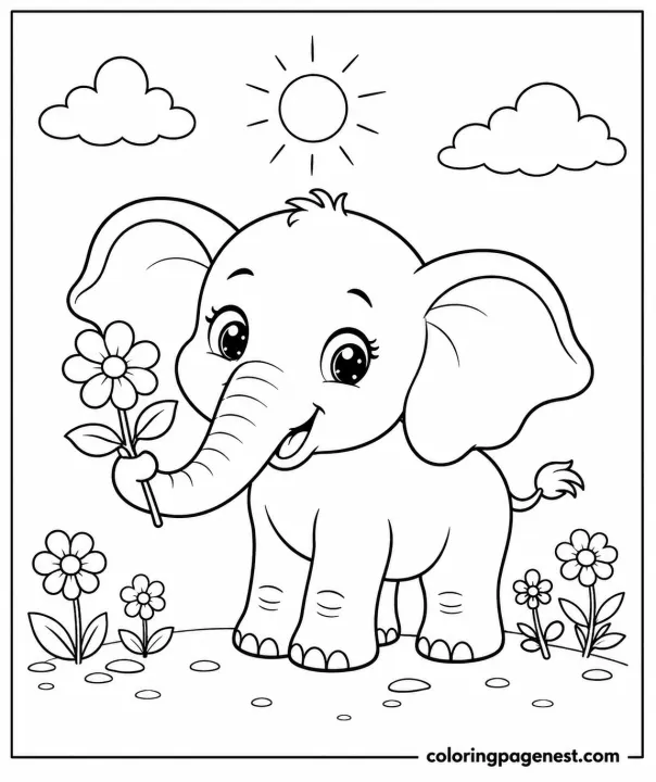 A Cheerful Baby Elephant Holds a Flower in its Trunk on This Simple Printable Coloring Page