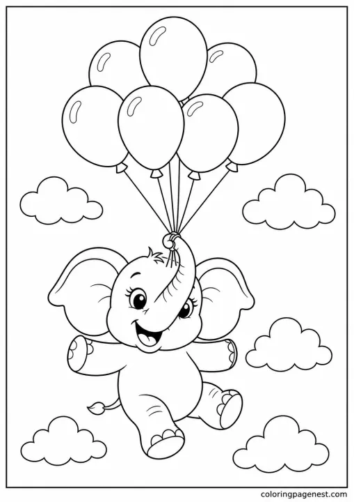 Cute Baby Elephant Holding A Bunch Of Balloons And Floating Among Fluffy Clouds Coloring Page