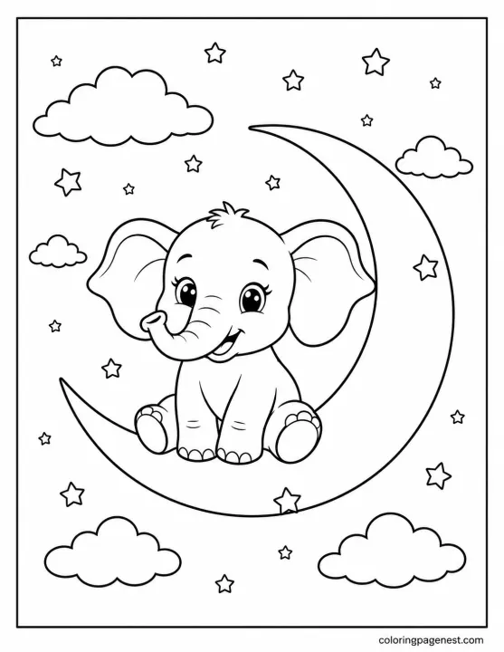 Cute Baby Elephant Sitting On A Crescent Moon With Stars And Clouds Coloring Page For Kids