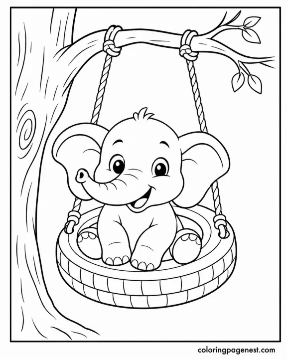 Smiling Baby Elephant Sitting On A Tire Swing Hanging From A Tree Branch Coloring Page