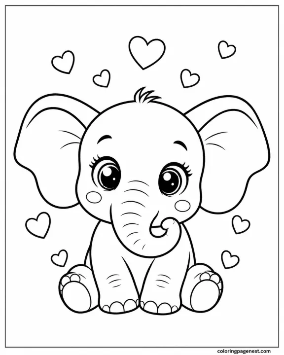 Cute Baby Elephant Sitting With Floating Hearts Coloring Page For Kids