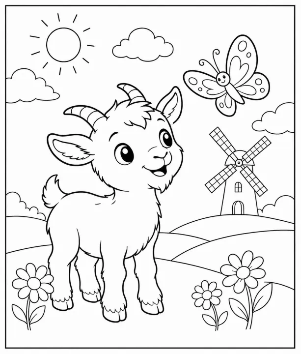 Adorable Baby Goat Watching a Butterfly in a Meadow with Windmill