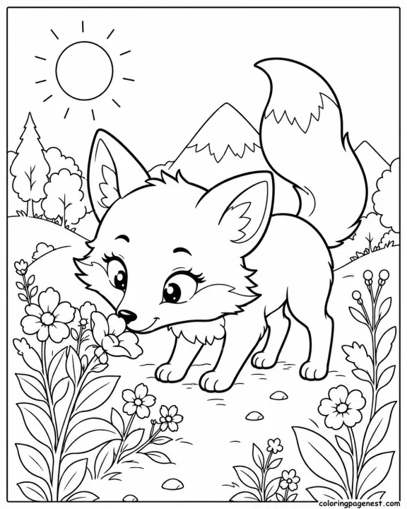 Beautiful Fox Smelling Flowers Coloring Page Printable