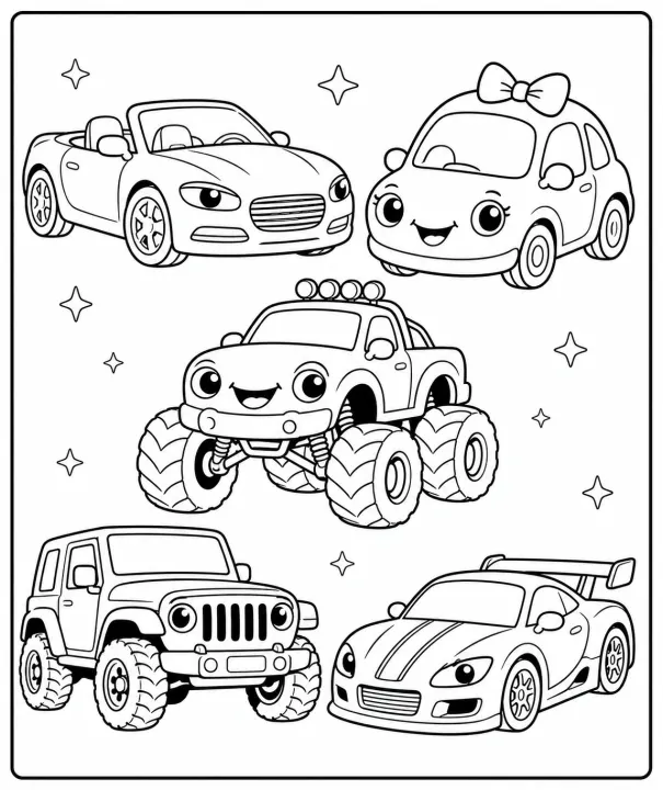 Printable car coloring pages with clean outlines, fun vehicle designs and easy PDF downloads for kids.