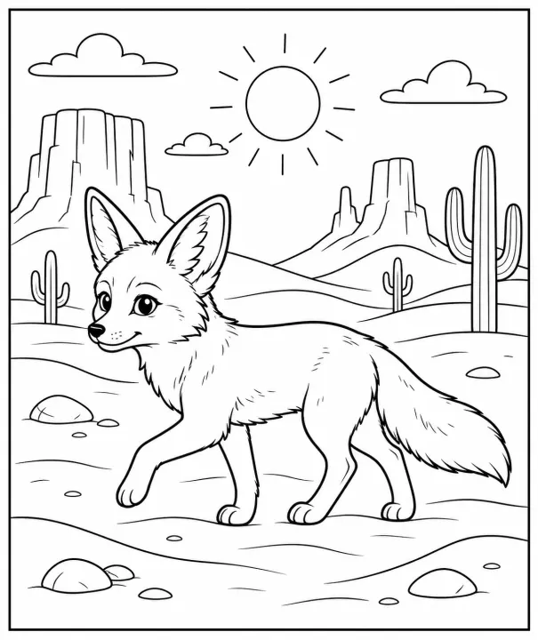 Desert fox Walking Across a Sunny Desert Coloring Page