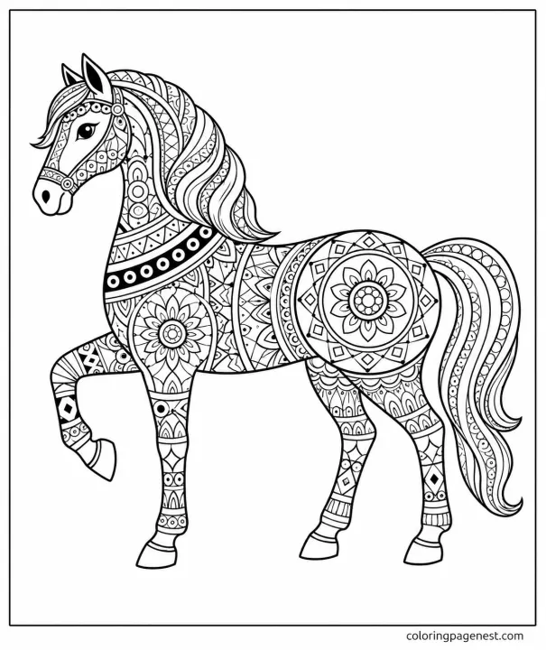 Detailed Zentangle Horse Coloring Page for Adults