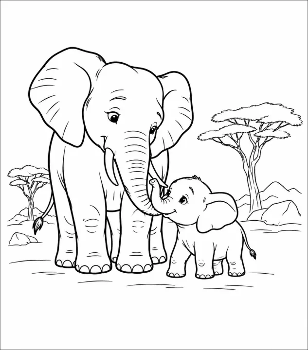 Adult Elephant And Baby Elephant Touching Trunks While Walking Together In A Simple Savanna Coloring Page