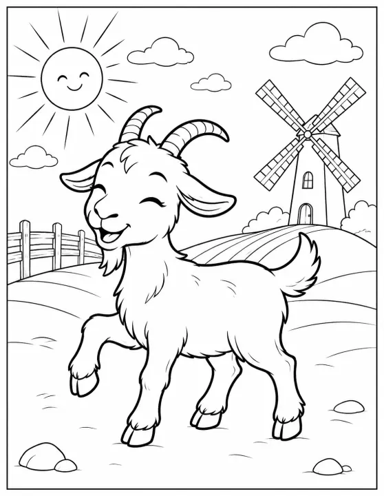 Sunny Day Goat Coloring Page with Farm Windmill