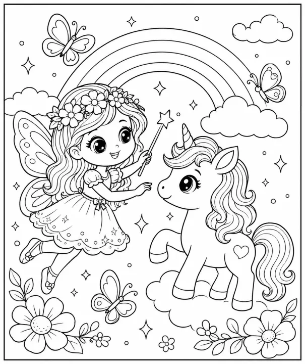 Fairy And Unicorn Coloring Page With Rainbow