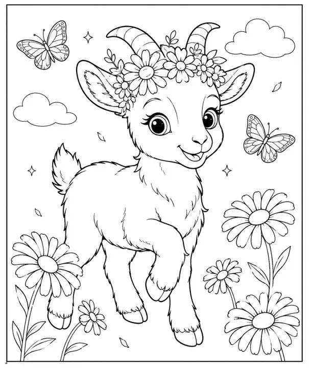 Cute Realistic Goat with a Flower Crown Running Through a Field of Daisies