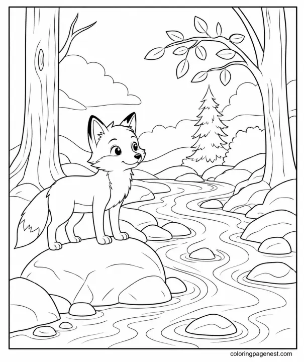 Forest Fox Coloring Page Showing a Little Fox near a Flowing River with Rocks and Tall Trees