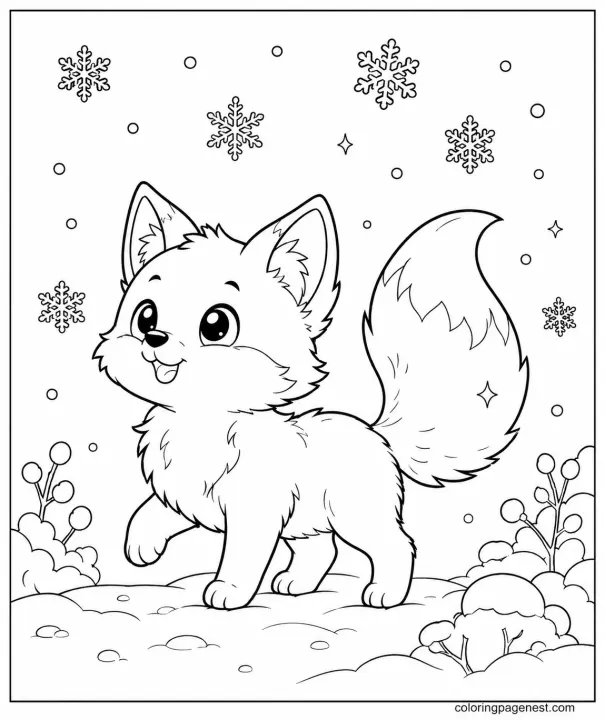 Fox in the Snow Coloring Page with a Fluffy Little Fox Walking Through Falling Snowflakes