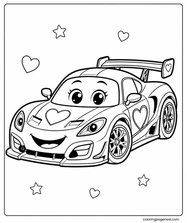 Cute race car coloring page with heart decorations, big cartoon eyes and a rear spoiler for kids to color