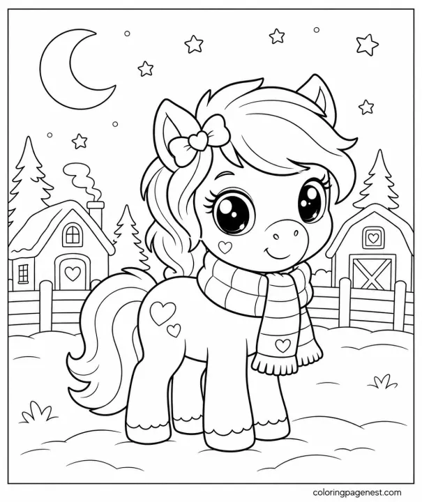 Little Horse with Scarf in the Snow Coloring Sheet for Preschoolers