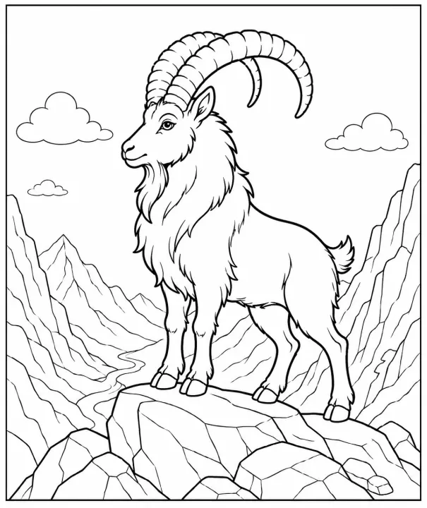 Majestic Goat On Mountain Peak Coloring Page