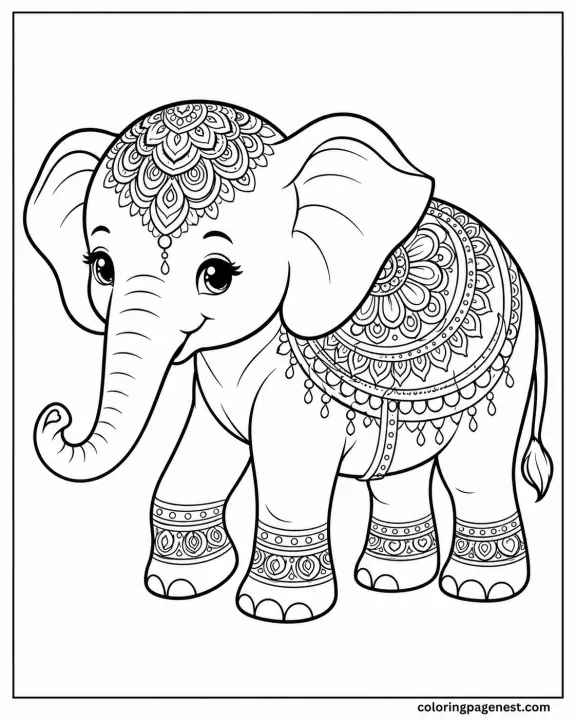 Decorative Elephant With Mandala Patterns On Head Back And Legs Coloring Page For Adults
