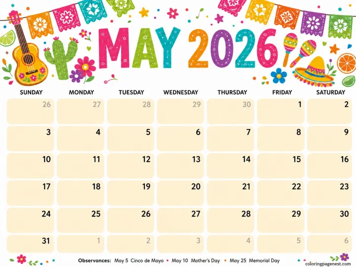 May 2026 calendar printable with colorful Cinco de Mayo decorations and clean monthly date boxes