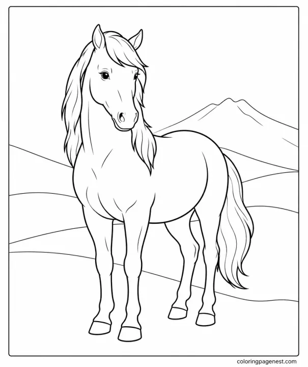 Small Miniature Horse Coloring Page Standing Peacefully in an Open Field with Soft Hills Behind it