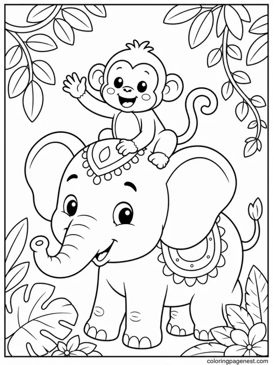 A Cute Monkey Riding a Smiling Baby Elephant in a jungle-themed Printable Coloring Page for Kids