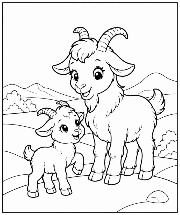 A Sweet Parent And Baby Goat Scene On A Calm Hillside, Designed As A Clean Printable Coloring Page For Kids