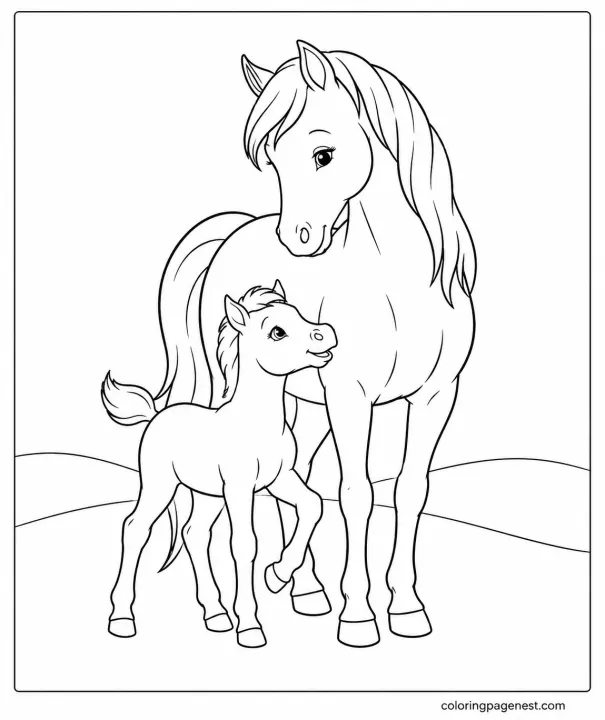 Mother horse and Foal Coloring Page Showing a Gentle Mare Standing beside her Young Baby Horse