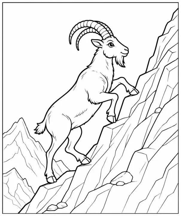 Mountain Goat Climbing a Steep Rocky Cliff Coloring Page with Curved Horns and Clean Printable Outlines