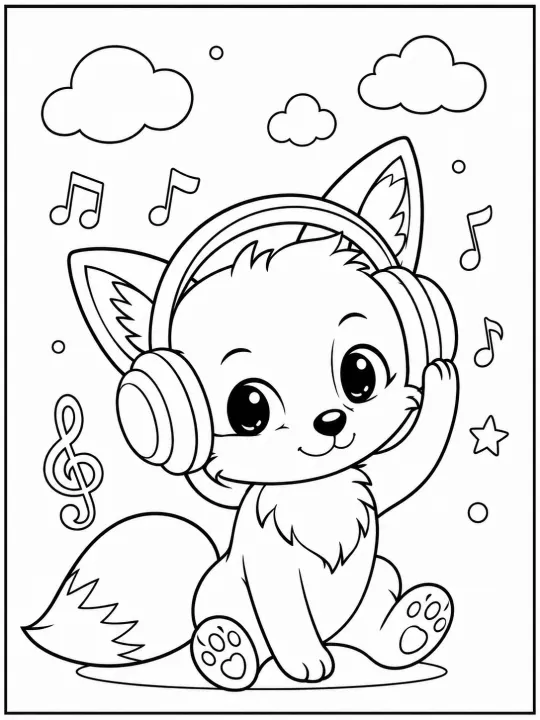 Fox In The Forest Wearing Headphones And Listening To The Music With Left Paw Up