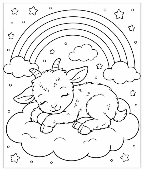 Peaceful Baby Goat Sleeping on a Cloud Beneath a Rainbow Sky Coloring Page
