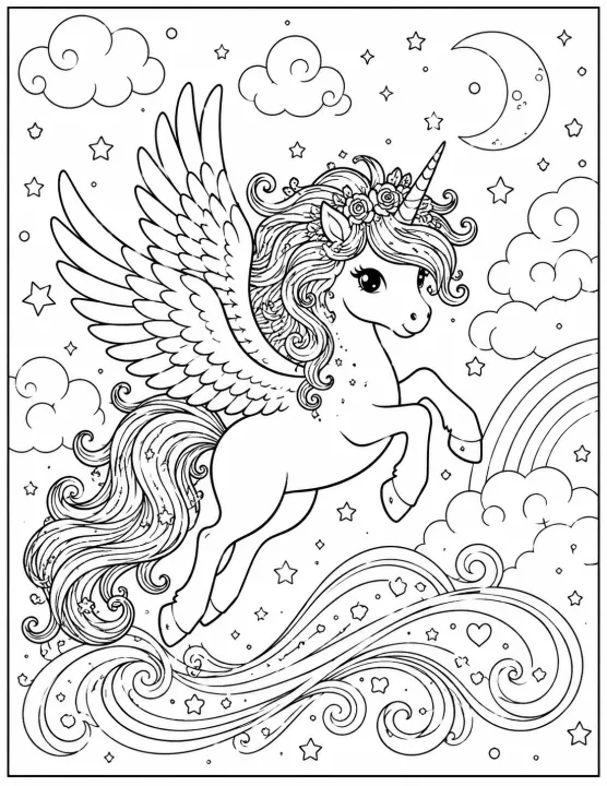 Pegasus Unicorn Coloring Page with Wings and Rainbow