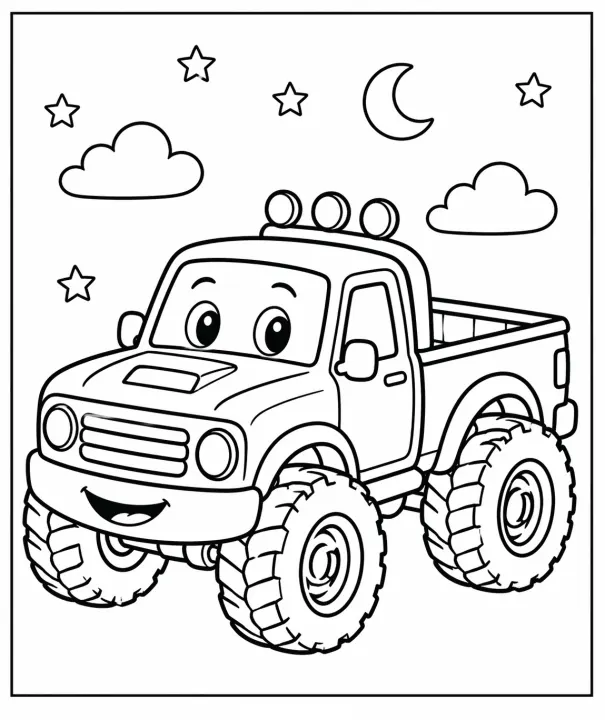 Simple pickup truck coloring page for children with clean outlines, large wheels, and an easy printable design