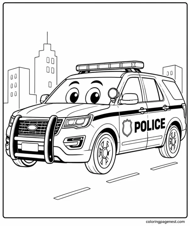 Cute Police Car on Patrol in the City for Kids Coloring Page