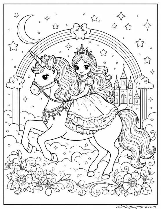A Magical Princess and Unicorn Coloring Page with a Rainbow, Castle, Stars and Flowers