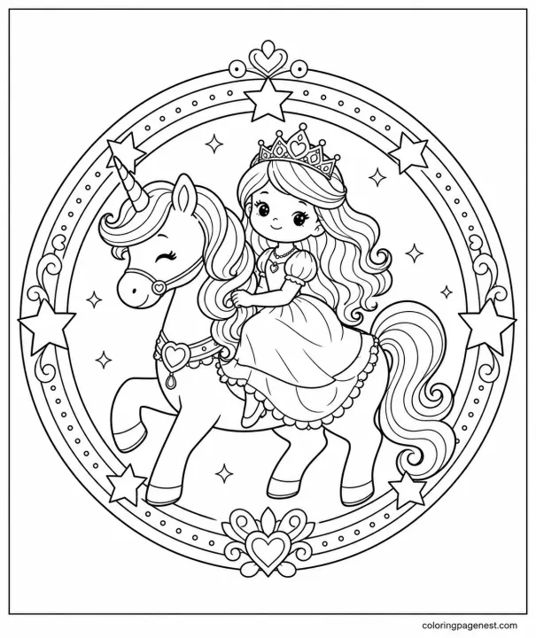 Princess Unicorn Mandala Coloring Page with Decorative Circle