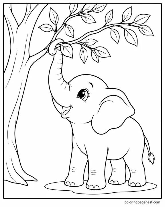 Baby Elephant Reaching For Leaves Coloring Page