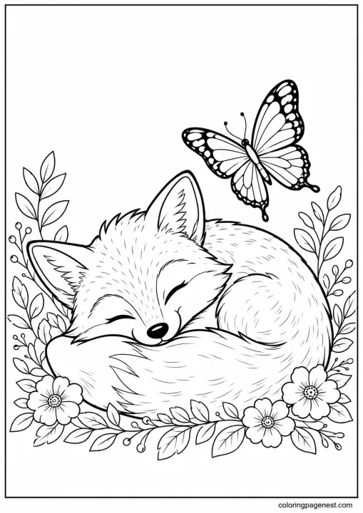 Sleeping Fox Coloring Page with a Curled Fox, Butterfly Above and Simple Floral Details Around the Bottom