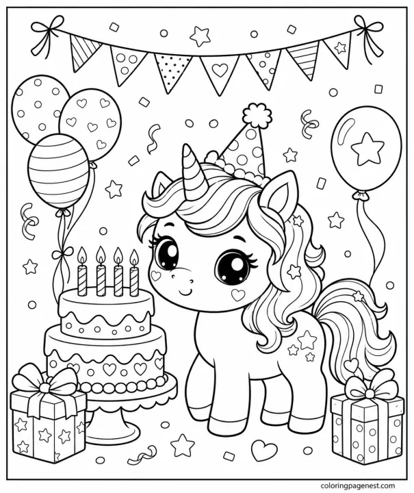 Free Unicorn Birthday Coloring Page with Cake and Balloons