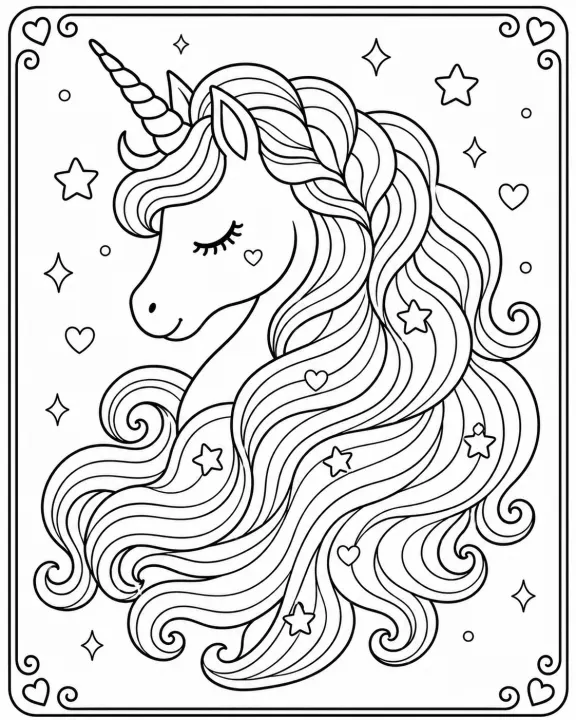 Peaceful Unicorn with Long Rainbow Mane Coloring Page for Kids